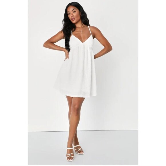 Sweetie Status White Crinkle Sleeveless Tie-Back Babydoll Dress size Small - Picture 2 of 15